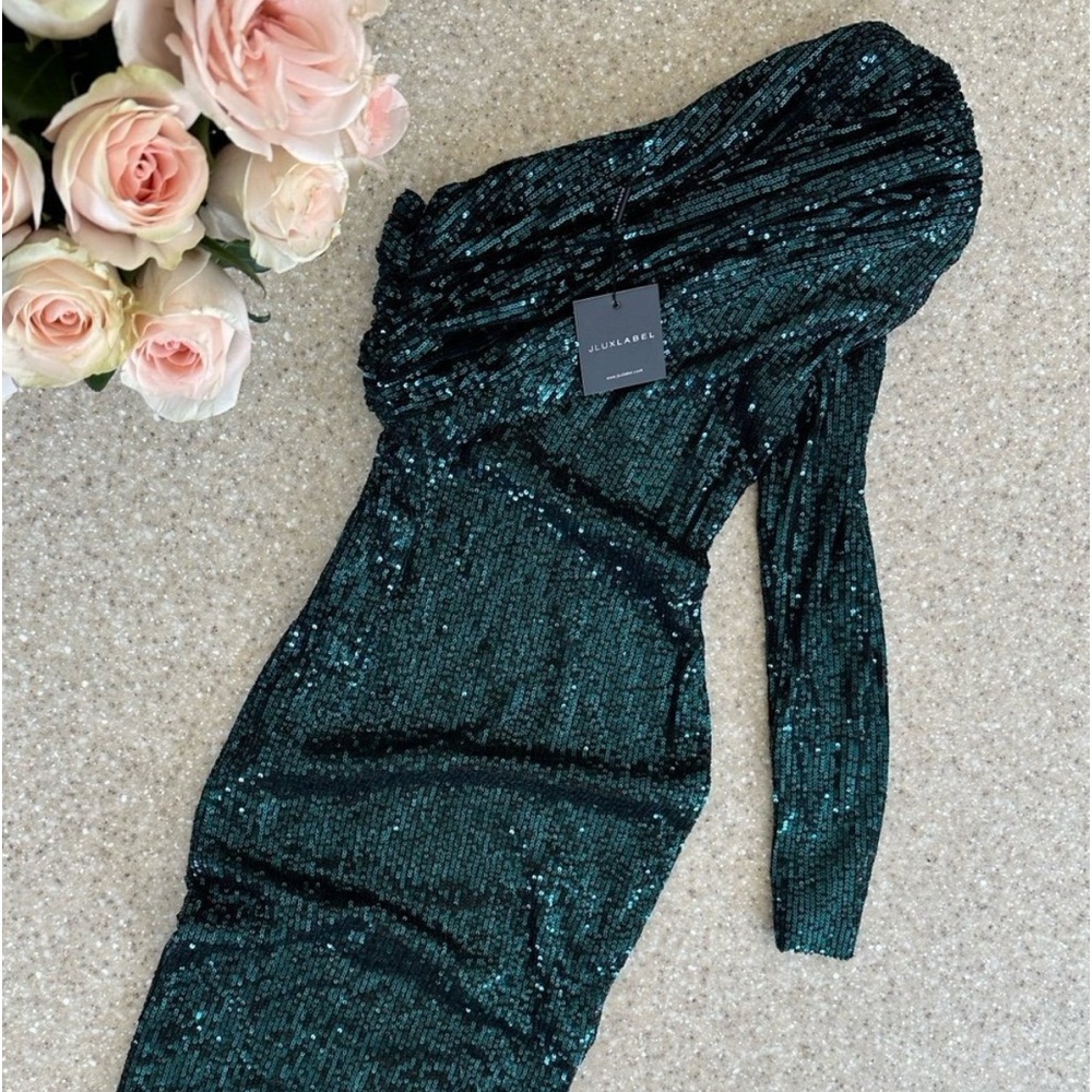 JLUXLABEL - Green Lure Gathered One Shoulder Sequin Dress, NWT